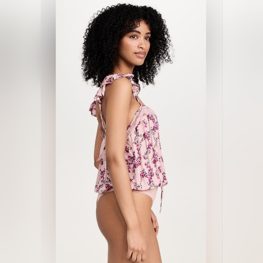 Free People Intimately "Take It Away" Pink Floral Ruffled Tie Front Bodysuit